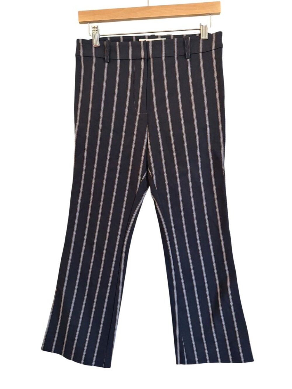 NWT Derek Lam 10 Crosby Striped Cotton Flare Pants Navy Blue Size 4 $375 [jb]